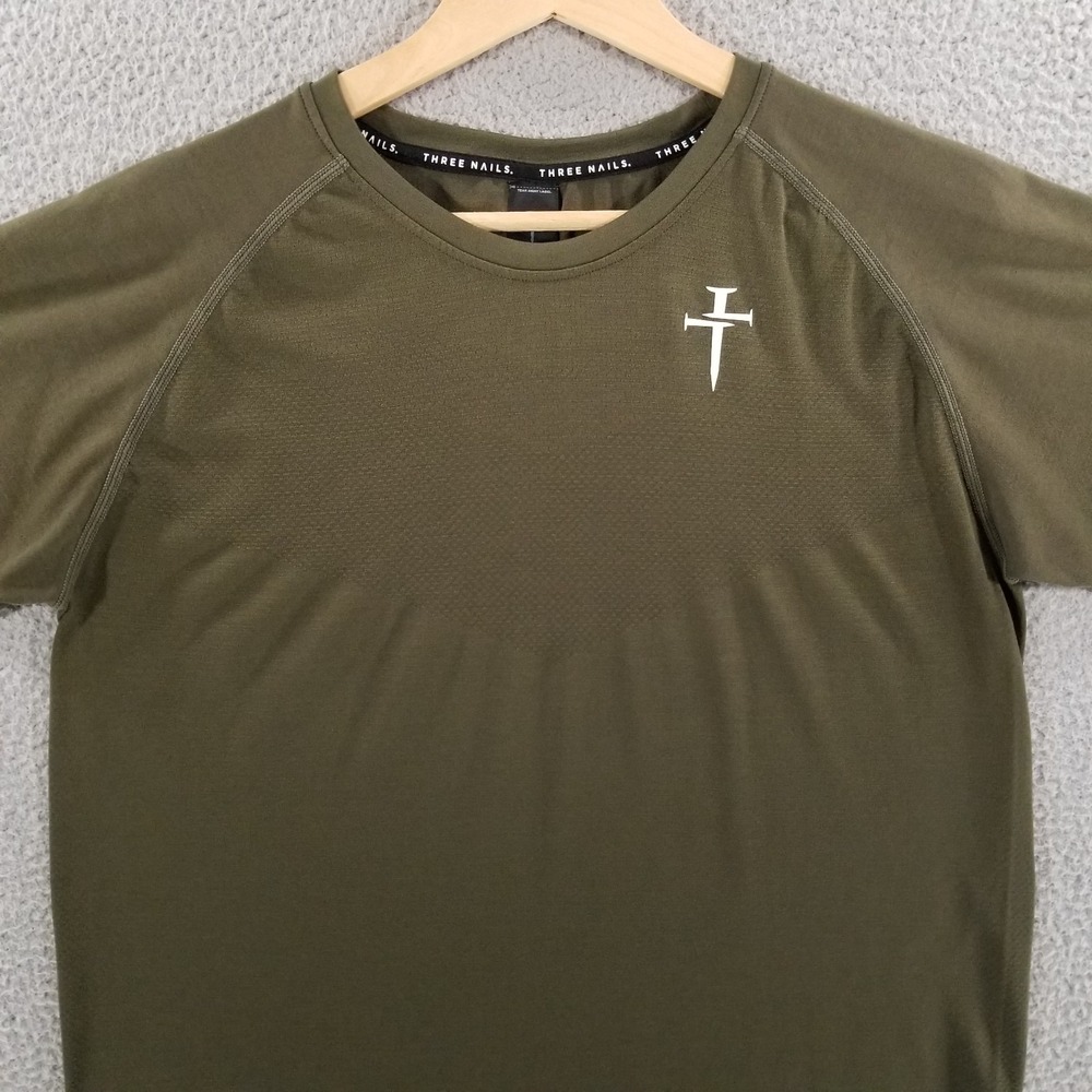 Three Nails Shirt Mens Large Green Short Sleeve Performance Gym Training Running